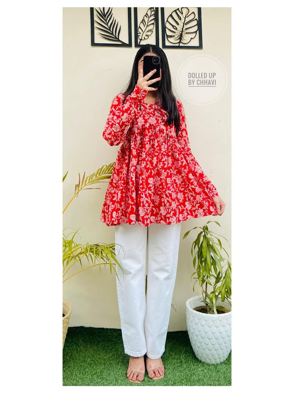 Women’s Red Rayon Floral Printed V-Neck Flared Top