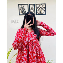 Women’s Red Rayon Floral Printed V-Neck Flared Top