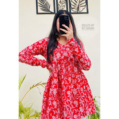 Women’s Red Rayon Floral Printed V-Neck Flared Top