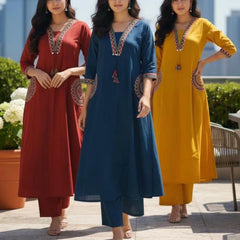Women's Blue Cotton Embroidered Kurta Set