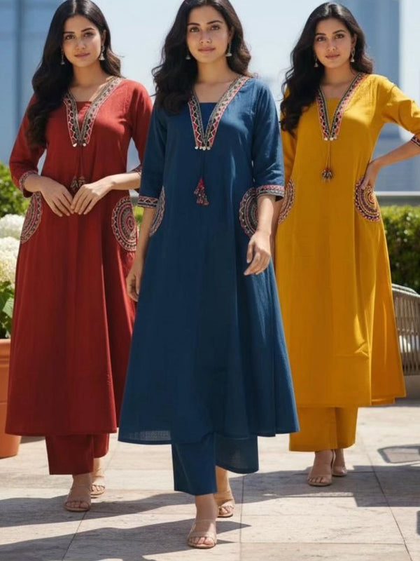 Women's Blue Cotton Embroidered Kurta Set