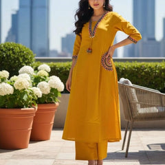 Women's Blue Cotton Embroidered Kurta Set