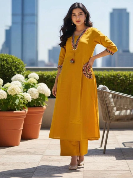 Women's Maroon Cotton Embroidered Kurta Set