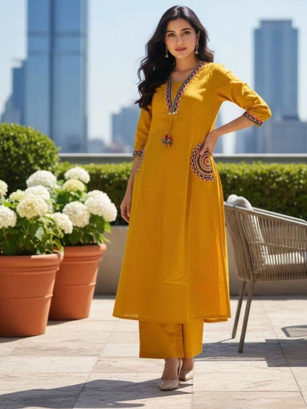 Women's Blue Cotton Embroidered Kurta Set
