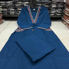 Women's Blue Cotton Embroidered Kurta Set