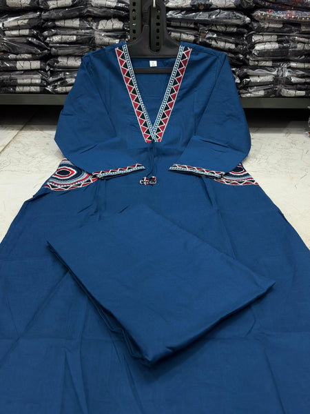 Women's Blue Cotton Embroidered Kurta Set