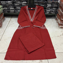 Women's Maroon Cotton Embroidered Kurta Set