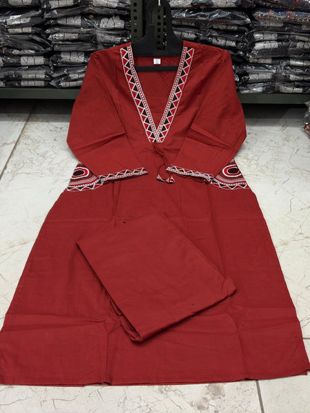 Women's Maroon Cotton Embroidered Kurta Set