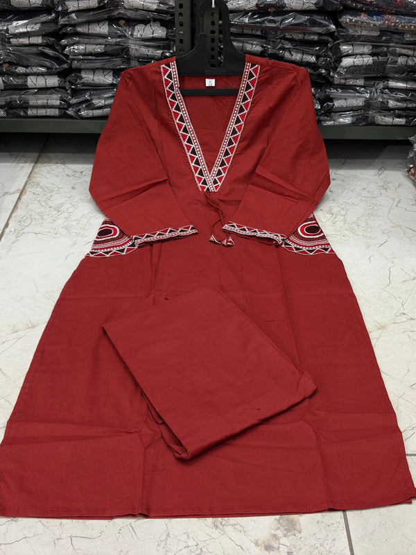 Women's Maroon Cotton Embroidered Kurta Set