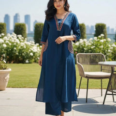 Women's Blue Cotton Embroidered Kurta Set