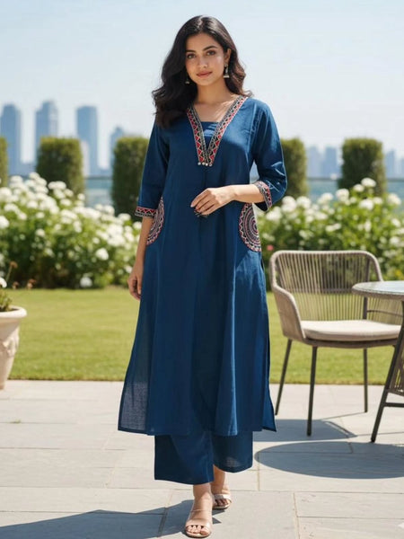 Women's Blue Cotton Embroidered Kurta Set
