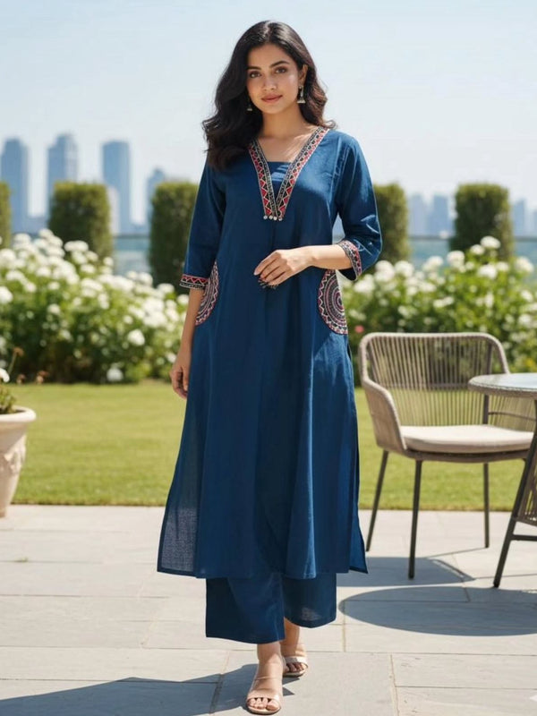 Women's Blue Cotton Embroidered Kurta Set