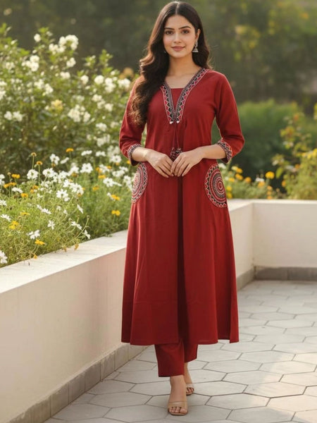 Women's Maroon Cotton Embroidered Kurta Set