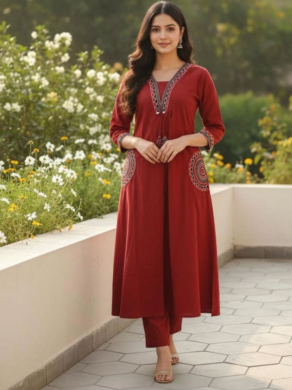 Women's Blue Cotton Embroidered Kurta Set