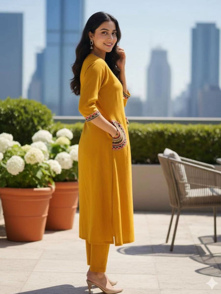 Women's Yellow Cotton Embroidered Kurta Set