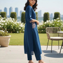 Women's Blue Cotton Embroidered Kurta Set