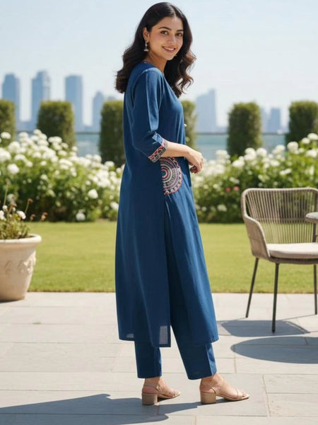 Women's Blue Cotton Embroidered Kurta Set