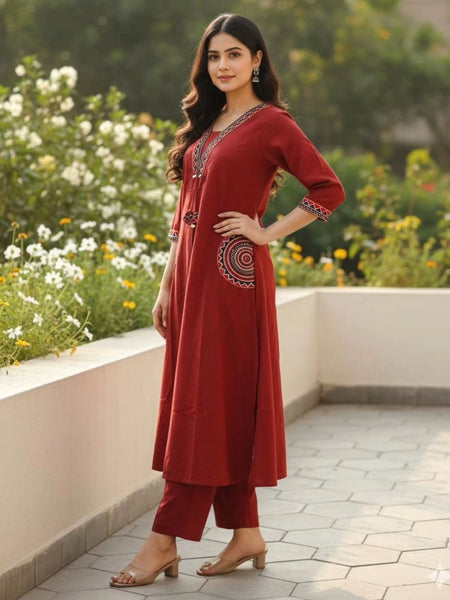 Women's Maroon Cotton Embroidered Kurta Set