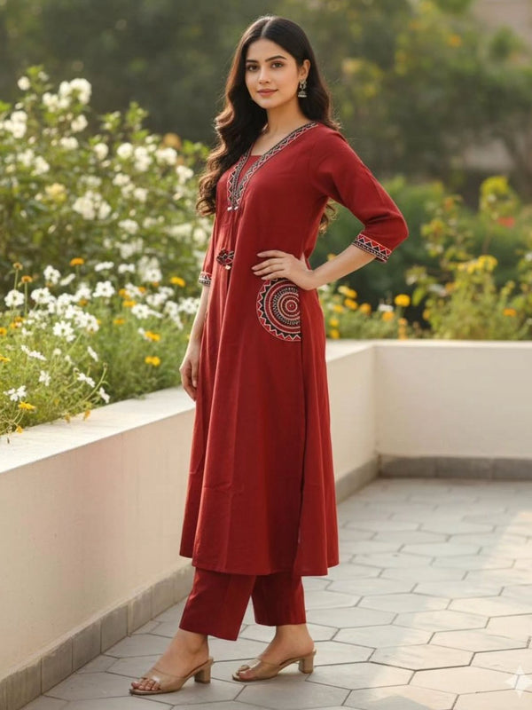 Women's Blue Cotton Embroidered Kurta Set