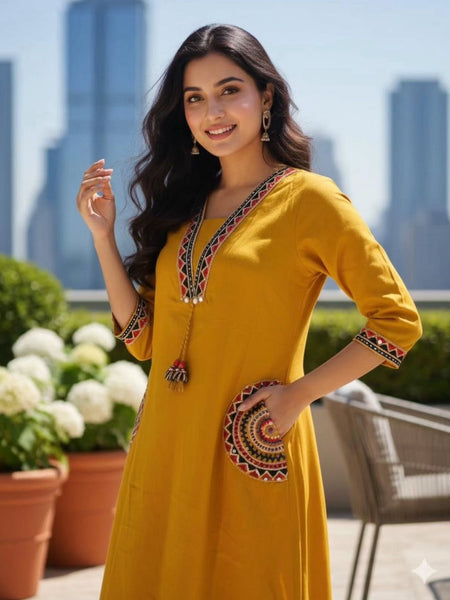 Women's Yellow Cotton Embroidered Kurta Set