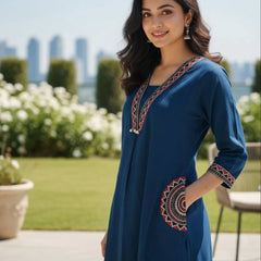 Women's Blue Cotton Embroidered Kurta Set