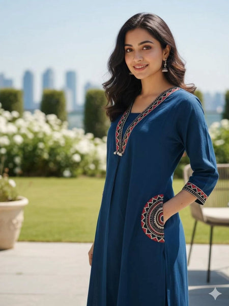 Women's Blue Cotton Embroidered Kurta Set