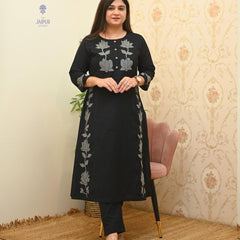 Women’s Black Cotton Embroidered Kurti Pant Set