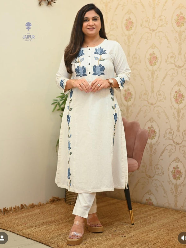 Women’s Black Cotton Embroidered Kurti Pant Set