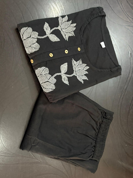 Women’s Black Cotton Embroidered Kurti Pant Set