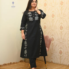 Women’s Black Cotton Embroidered Kurti Pant Set