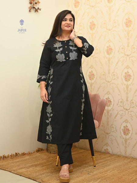 Women’s Black Cotton Embroidered Kurti Pant Set