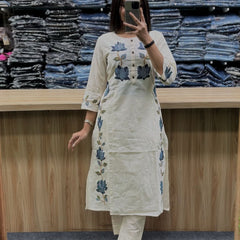 Women’s Black Cotton Embroidered Kurti Pant Set