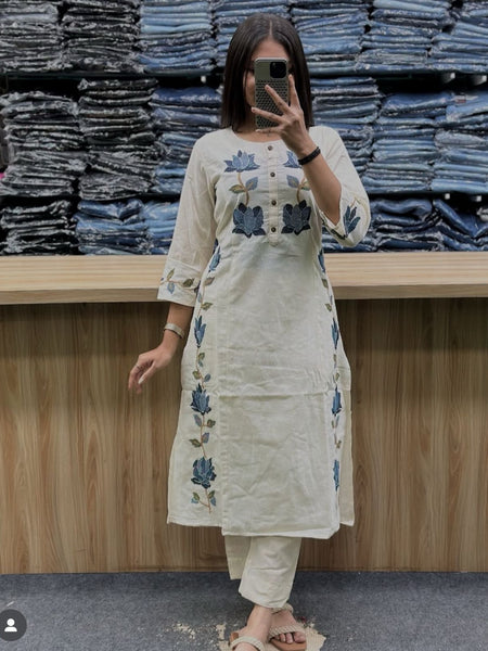 Women’s White Cotton Embroidered Kurti Pant Set