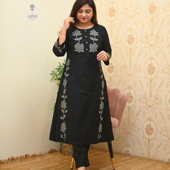 Women’s Black Cotton Embroidered Kurti Pant Set