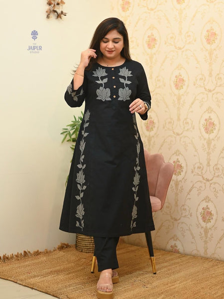 Women’s Black Cotton Embroidered Kurti Pant Set