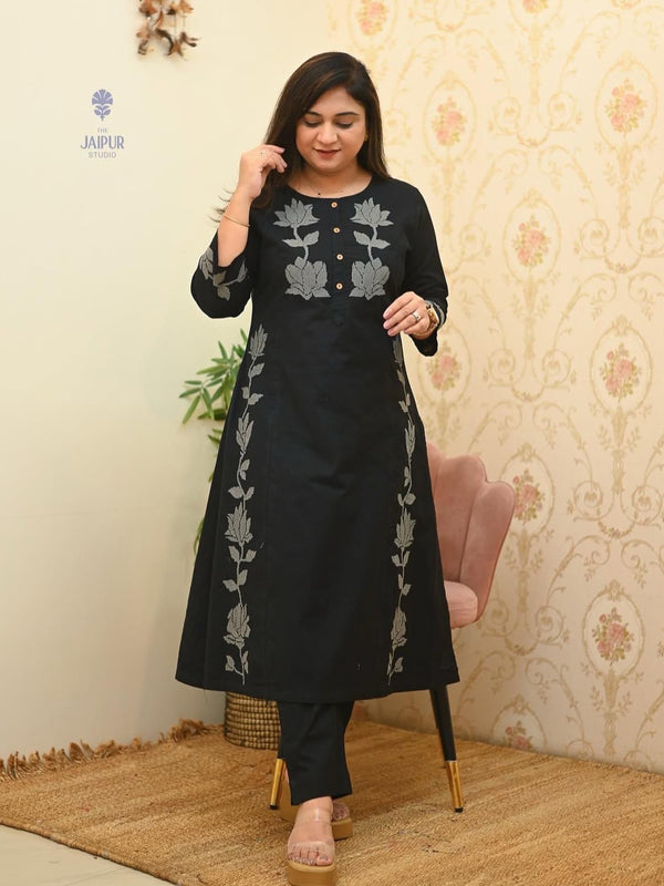 Women’s Black Cotton Embroidered Kurti Pant Set