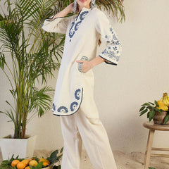 Women’s White Cotton Embroidered Co-Ord Set with Pants