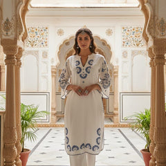 Women’s White Cotton Embroidered Co-Ord Set with Pants
