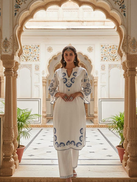 Women’s White Cotton Embroidered Co-Ord Set with Pants