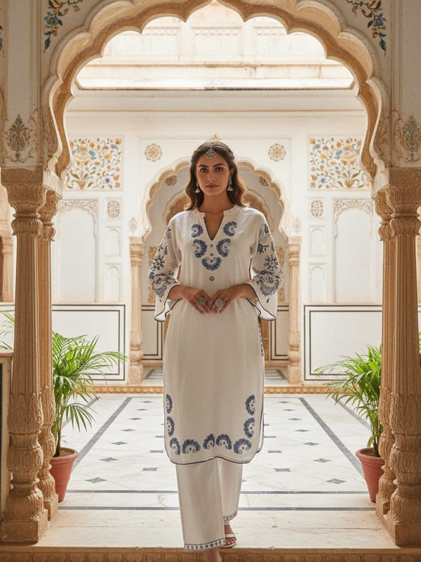 Women’s White Cotton Embroidered Co-Ord Set with Pants