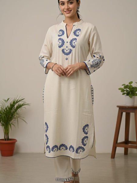 Women’s White Cotton Embroidered Co-Ord Set with Pants