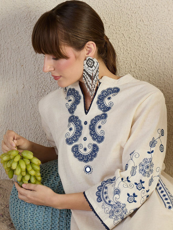 Women’s White Cotton Embroidered Co-Ord Set with Pants
