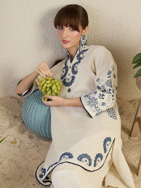 Women’s White Cotton Embroidered Co-Ord Set with Pants