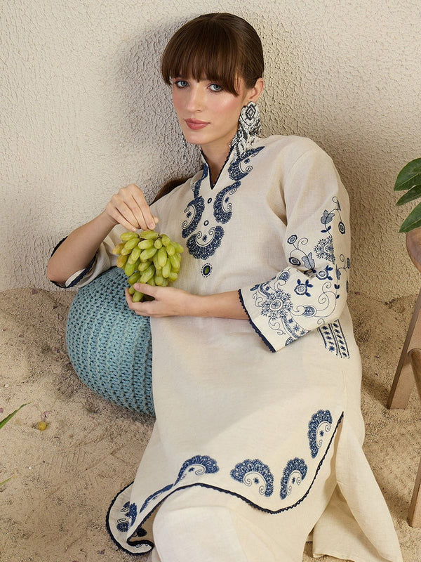 Women’s White Cotton Embroidered Co-Ord Set with Pants