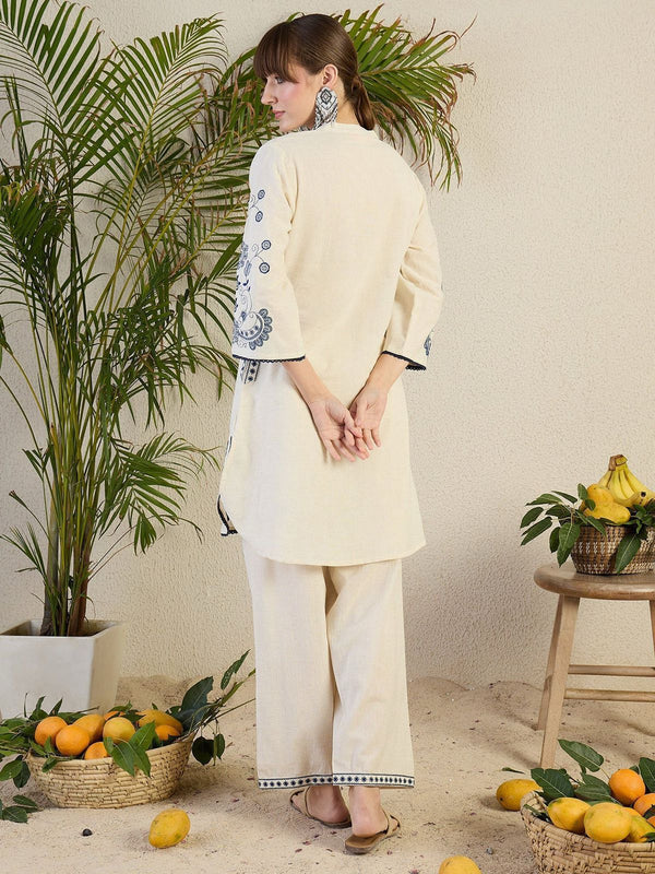 Women’s White Cotton Embroidered Co-Ord Set with Pants