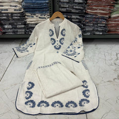 Women’s White Cotton Embroidered Co-Ord Set with Pants