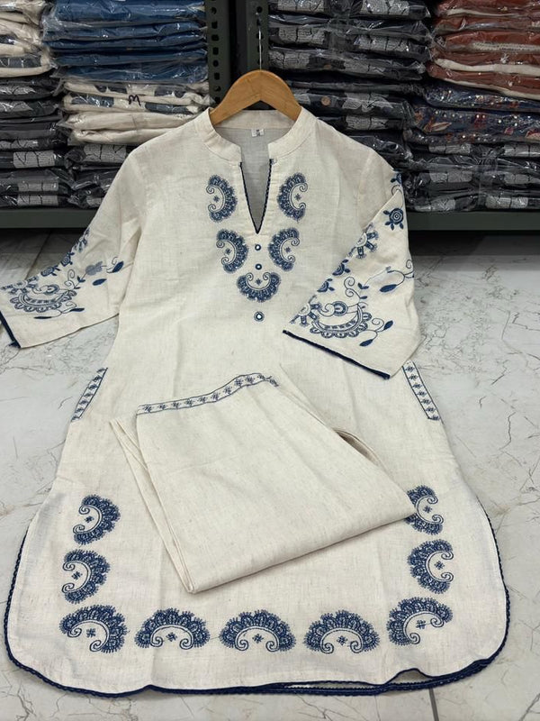 Women’s White Cotton Embroidered Co-Ord Set with Pants