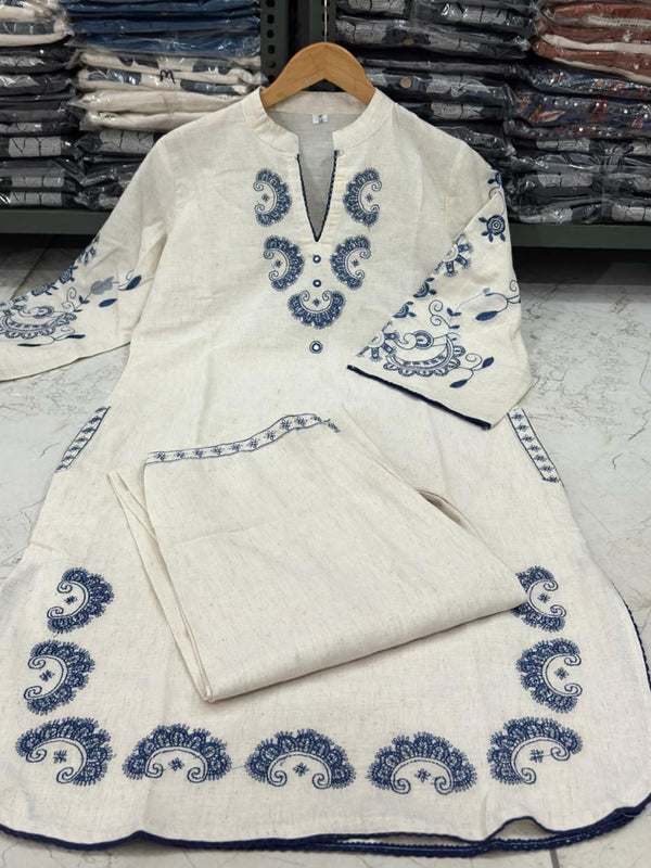 Women’s White Cotton Embroidered Co-Ord Set with Pants