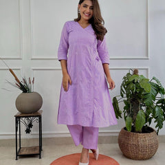 Women’s Orange Cotton Embroidered Kurti Pant Set