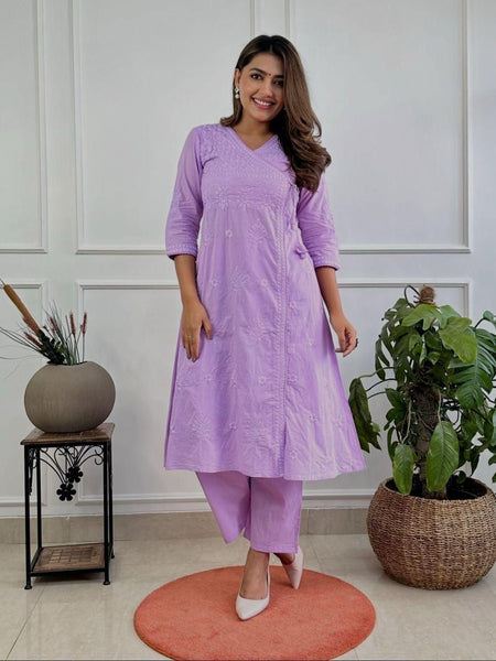 Women’s Purple Cotton Embroidered Kurti Pant Set